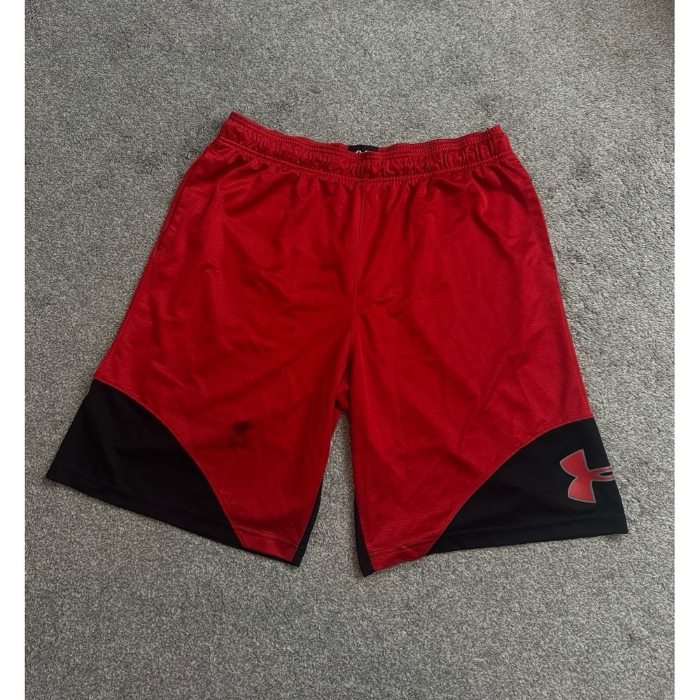 Under Armour Mens Basketball Shorts Red Black Drawstring XXL Loose Fit